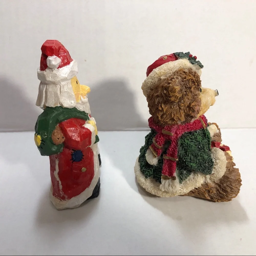 Christmas Santa and Bear in Hat with Present Tabletop Figurines